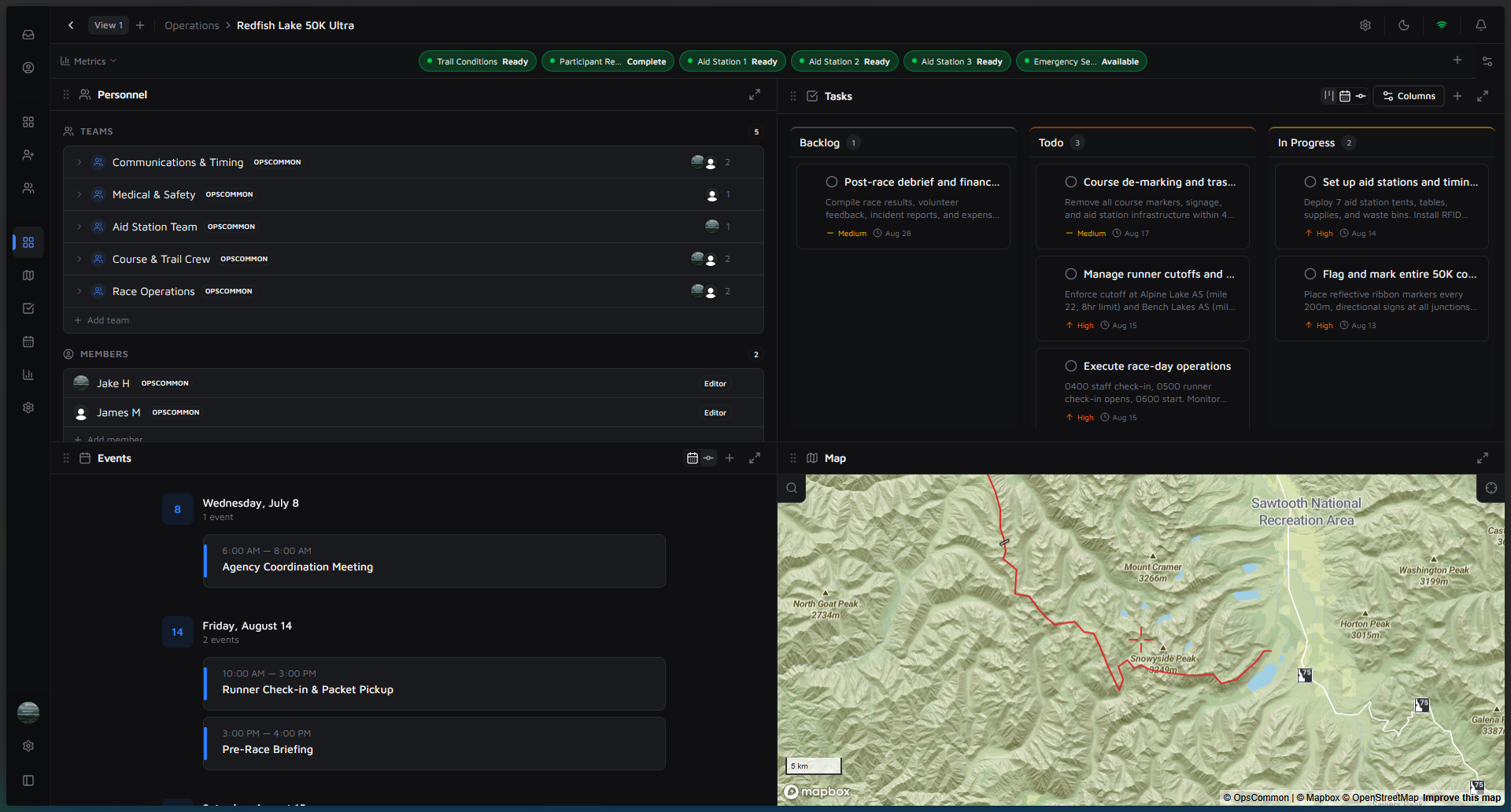 OpsCommon — operations dashboard with personnel, tasks, events, and mapping
